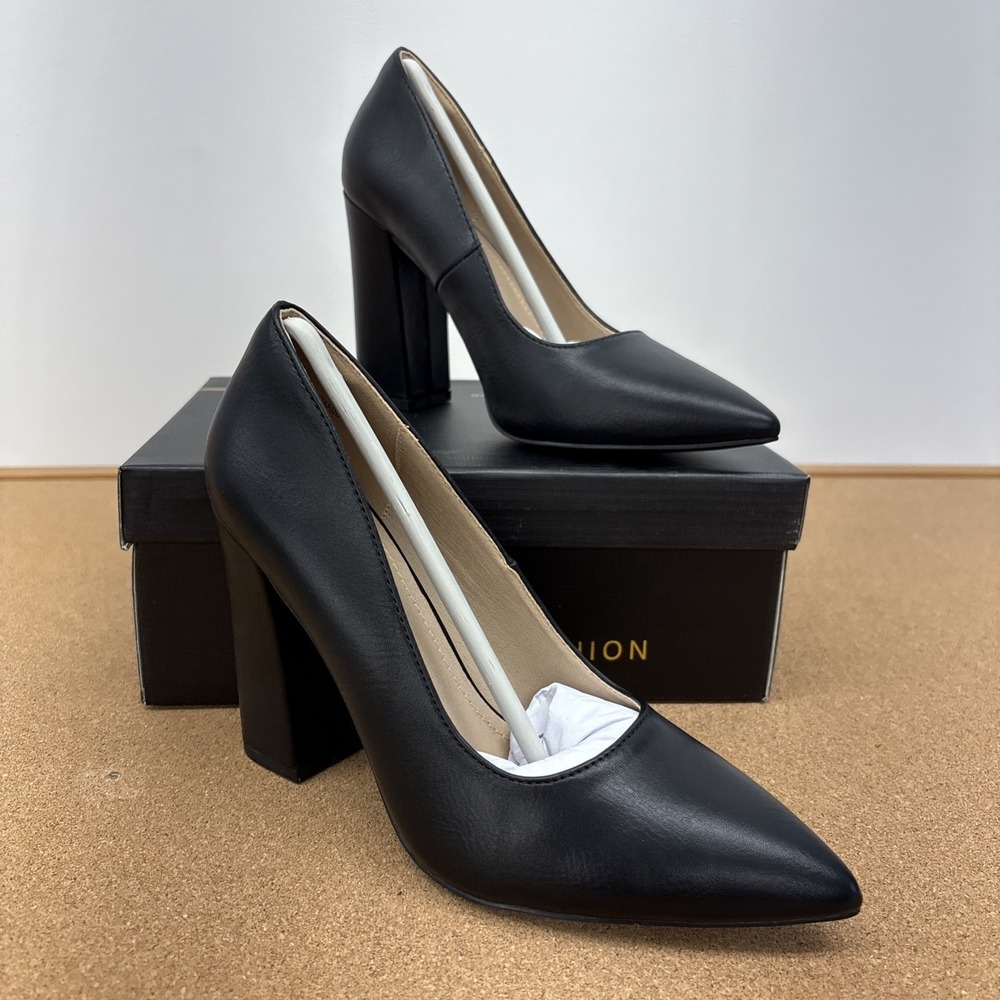 IDIFU Women's 9 IN4 Pointed Toe Block Heel Pumps Black Faux Leather Office Shoes